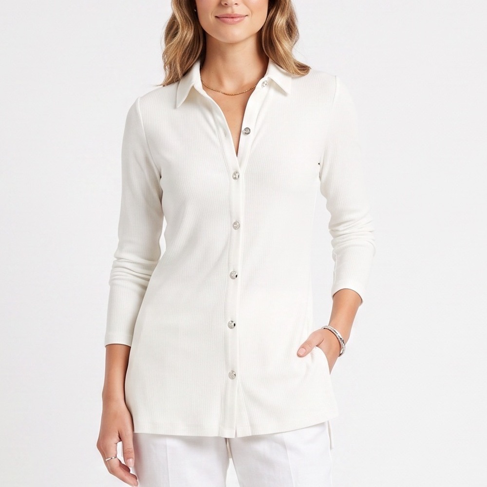 H by Halston Top Women XS White Ribbed Knit Long Sleeve Button-Down Good